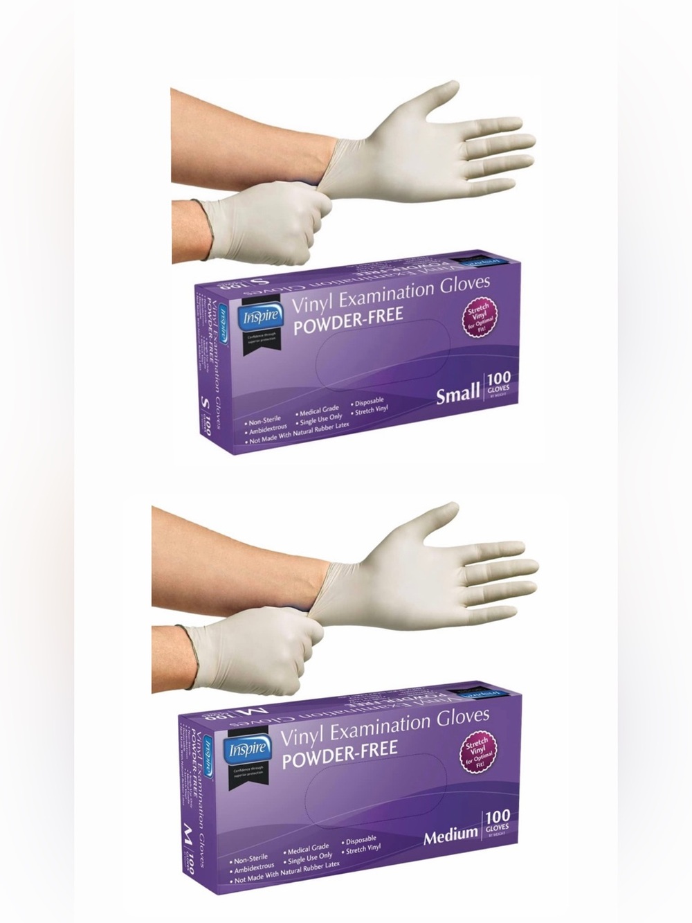NEW Inspire Powder-Free Vinyl Examination Gloves, size S or M - 100 count